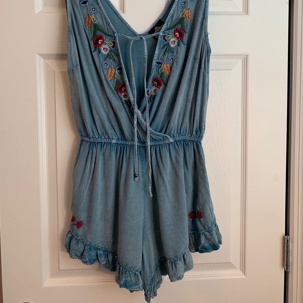 Angie Soft Denim Like Floral Embroidered Romper Suit - Size Large